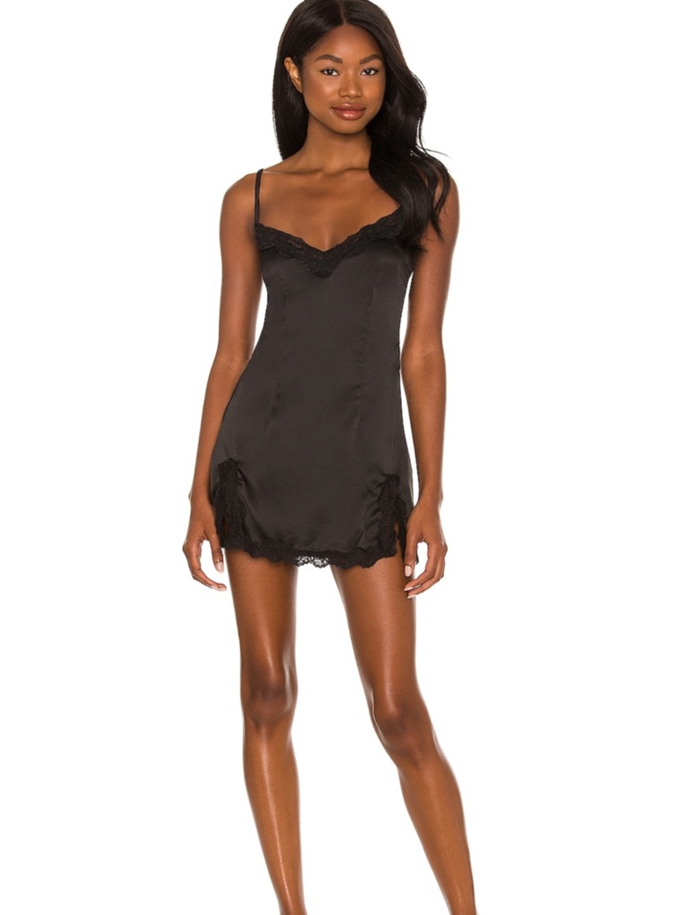 Lovers + Friends Black Satin Lace-Trim Slip
